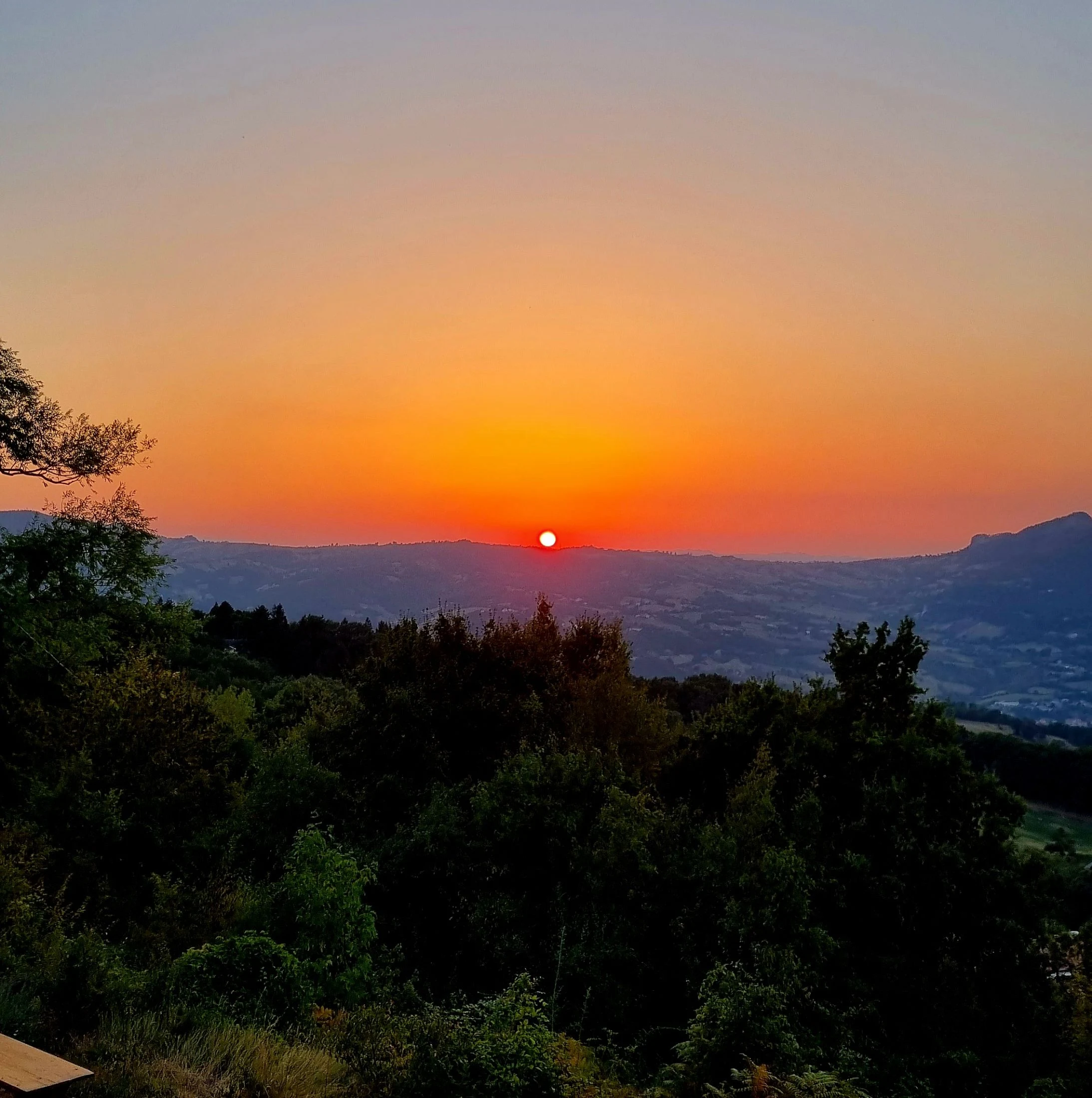 A bright orange sun sits low over layered blue-grey mountain ridges at dusk, framed by dark silhouetted foliage - the landscape shared by the Honeydew network