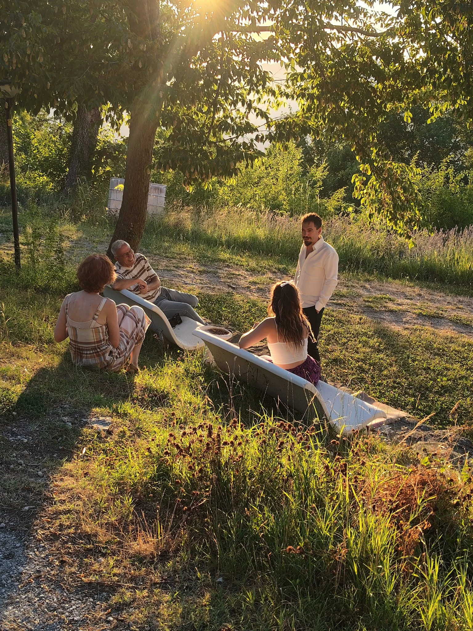Four community members in conversation on a bench in a sunlit forest clearing